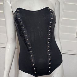 Small 32 black stretchy sequin studded goth corset top buster blouse gothic emo