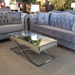 Brand New Blue Gray Velvet Modern Sofa + Loveseat 2PCs Set