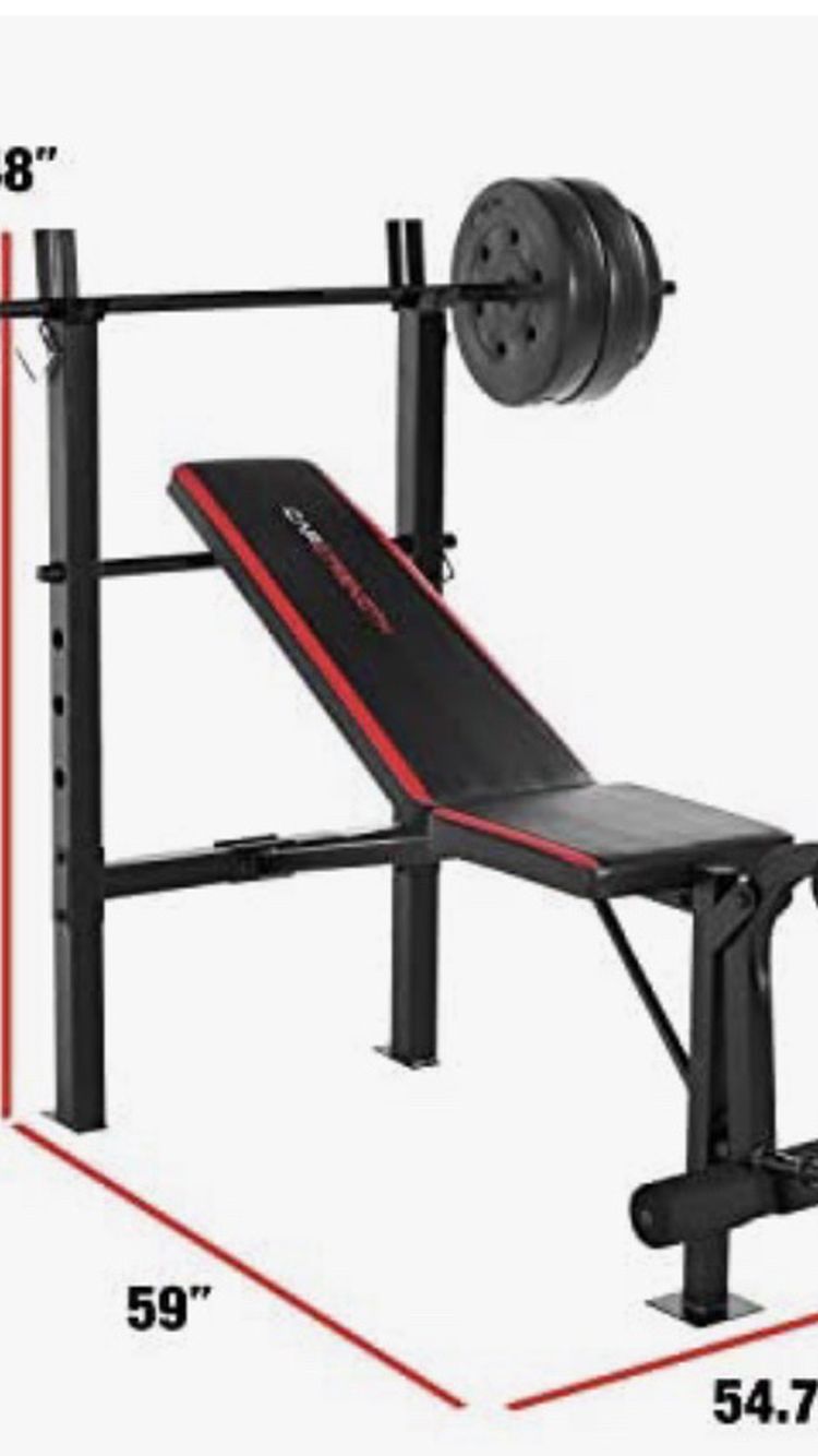 Weights Bench Combo With Leg Extension And 100 Lbs Of Weights Barbell And Rack