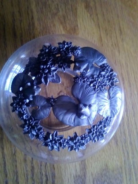 Vintage Rawcliffe 1989 Pewter Three Frogs On A Lily pad On A Glass Trinket Bowl