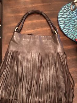 Brown leather fringe hobo bag purse