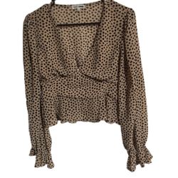 Fashion Nova Tan cropped brown spotted blouse size Large pre-owned