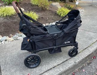 INFANS Wagon Stroller for 2 Kids, Collapsible Adjustable Push Pull Handle Bar, 2 Seater Stroller Wagon with Removable Canopy Snack Tray, Comfortable D
