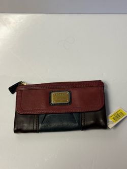 FOSSIL Leather Zip Wallet Clutch Red Black Card Holder