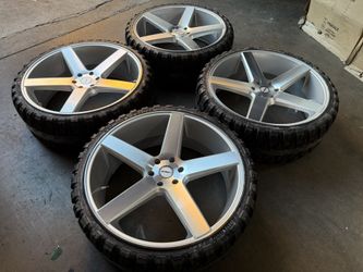 26” Silver Brushed Wheels 33” MT Tires Silverado Tahoe Yukon Escalade Tundra QX80 