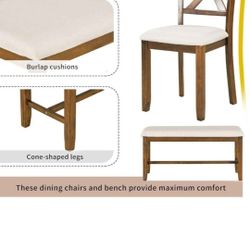 Chairs with Bench with Cushion, Rustic Style, All Wood Natural Cherry