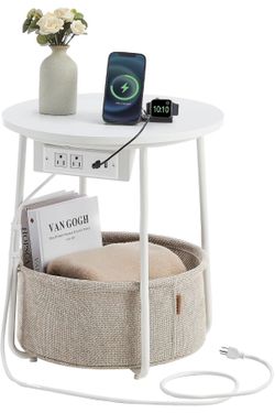 Brand New Sealed in Box — VASAGLE Side Table with Charging Station, Round End Table