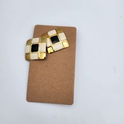 Gold Tone Black & Cream Geometric Square Stud Earrings