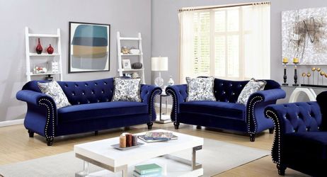 3 PC LIVING ROOM BLUE VELVET BUTTON SOFA LIVING ROOM SET