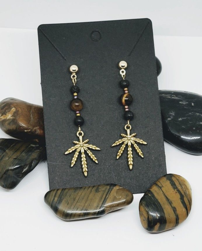 Golden Flower & Cats Eye Bead Post Earrings