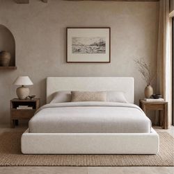 DNYN Upholstered Cloud Bed Frame with Padded Headboard for Bedroom Queen Low-profile Platform Bed, 360° Foam Surround, Anti-Collision Design, Metal Fr