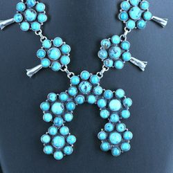 Sterling and 800 Silver Turquoise Squash Blossom Necklace

