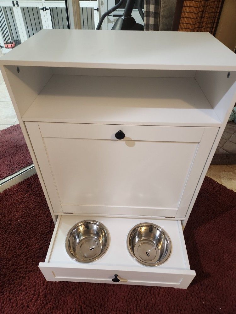 New White Food Storage Container With Drawer That Pulls Out With Food Bowls