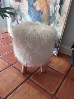 White Faux Fur Ottoman Stool with Wood Legs