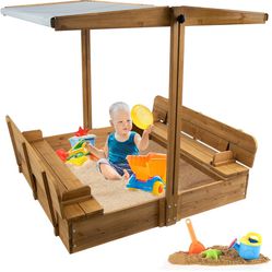 New in box Sandbox with Cover, Wooden Sandbox with Canopy Rotatable Canopy, Adjustable Height, and UV-Resistant, 47 x 47 inch Sand Boxes for Kids Outd