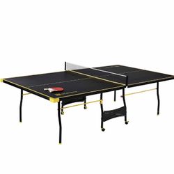 MD Sports Official Size Ping Pong Table Tennis Table, 4 Piece Foldable Design with Net & Accessories, Black/Yellow