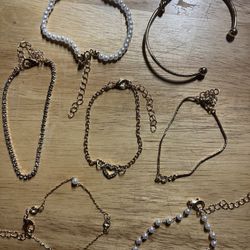 7 Golden and Faux Pearl Wedding Bracelets (Lot of 7 all together)