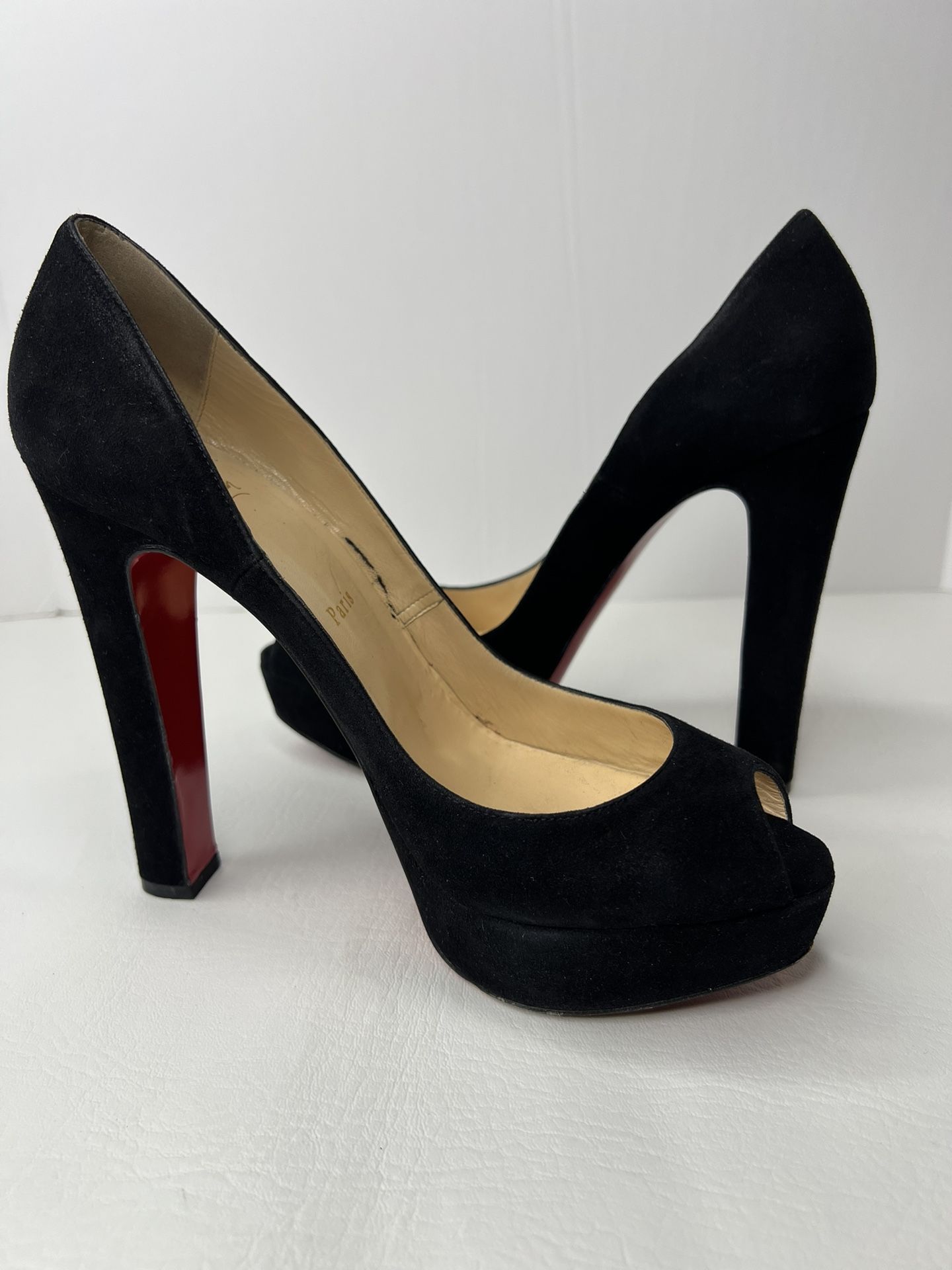 Christian Louboutin Bambou 140 Suede Royal Black Platform Heels Pumps size 39.5 / 9.5