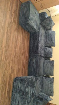 Blue-Gray Corduroy Sectional Sofa with Pillows