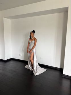 Silver Rhinestone Prom / Birthday Dress – High Slit Glam Gown