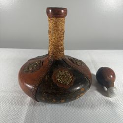 Vintage Decanter Bottle Mid - Century Italian Hand Tooled Leather Wrapped 11”x8”