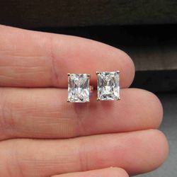 Sterling Silver Rectangle Cubic Zirconia Rose Gold Plated Stud Earrings