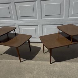 Set of 2 Vintage Mid Century Modern Two Tier Step End or Side Tables Walnut Laminate