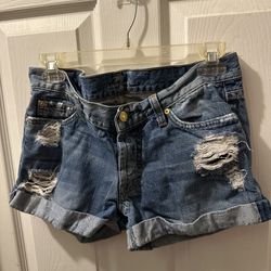 7 For All Mankind Distressed Denim Shorts Jeans Rolled Hem Size 27 Good Condition 