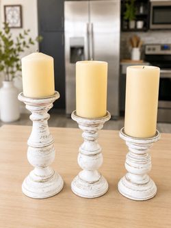 Set of 3 Distressed White Wood Pillar Candle Holders
