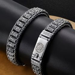 Men's Creative Handmade Chain Link Bracelet with Rotatable Six-Character Mantra Amulet Bracelet