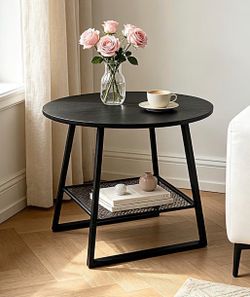 24 Inch 2‑Tier Round Side Table, Black End Table with Mesh Storage Shelf