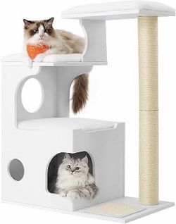 Small Cat Tree for Kittens, Cat Condo with Scratching Posts Contemporary Cat Tower for Indoor Cats, Removable Washable Cushions, Cloud White, CAEN Col