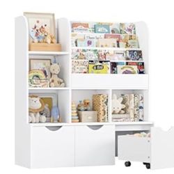 FOTOSOK 47" Kids Bookcase and Bookshelf, Multifunctional Bookcase with 5 Storage Cubbies and 3 Movable Drawers, Toy Storager Display Stand, Toy Storag