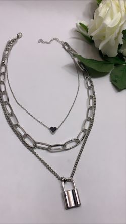 Heart Necklace Triple Layer Lover Lock Pendant, Silver Color