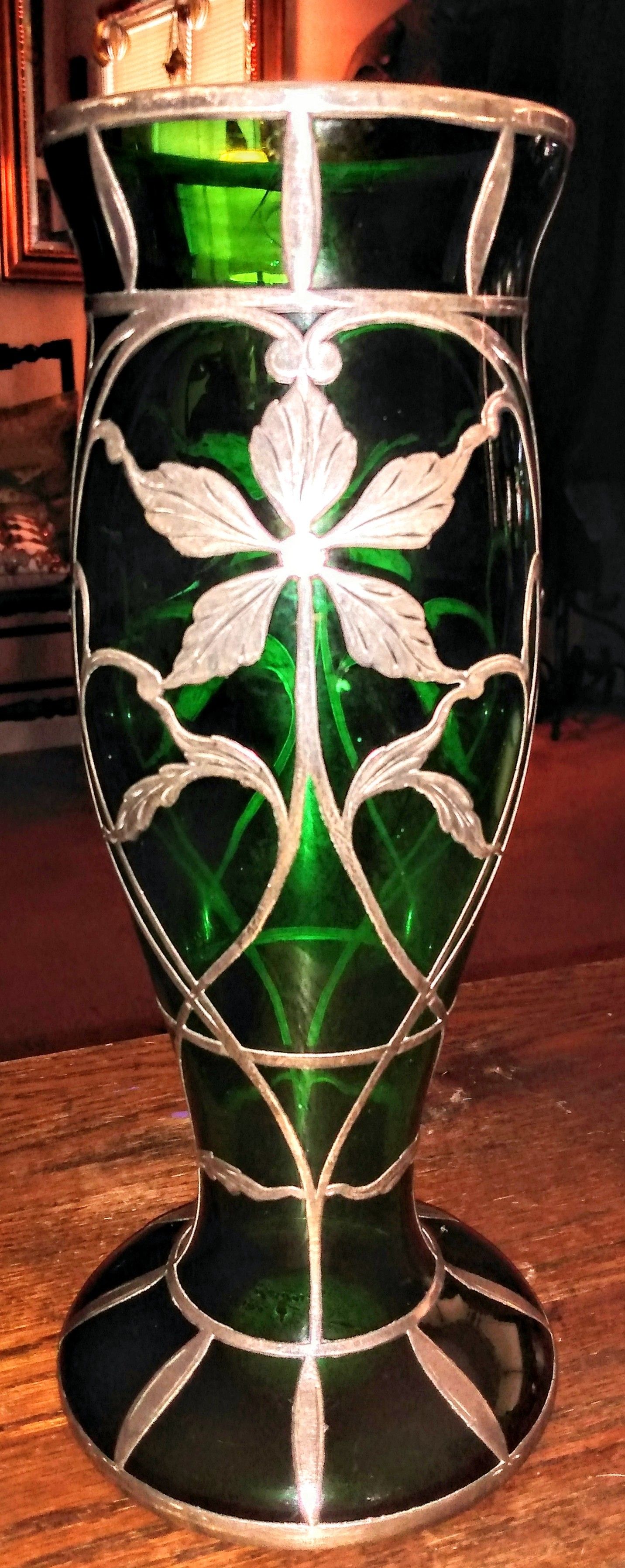 Antique Emerald Green Glass Vase wrapped in Sterling Silver Floral Design