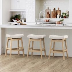 Saddle Seat Counter Height Bar Stools Set of 3 for Kitchen, Dining, 24in, Beige-Fabric
