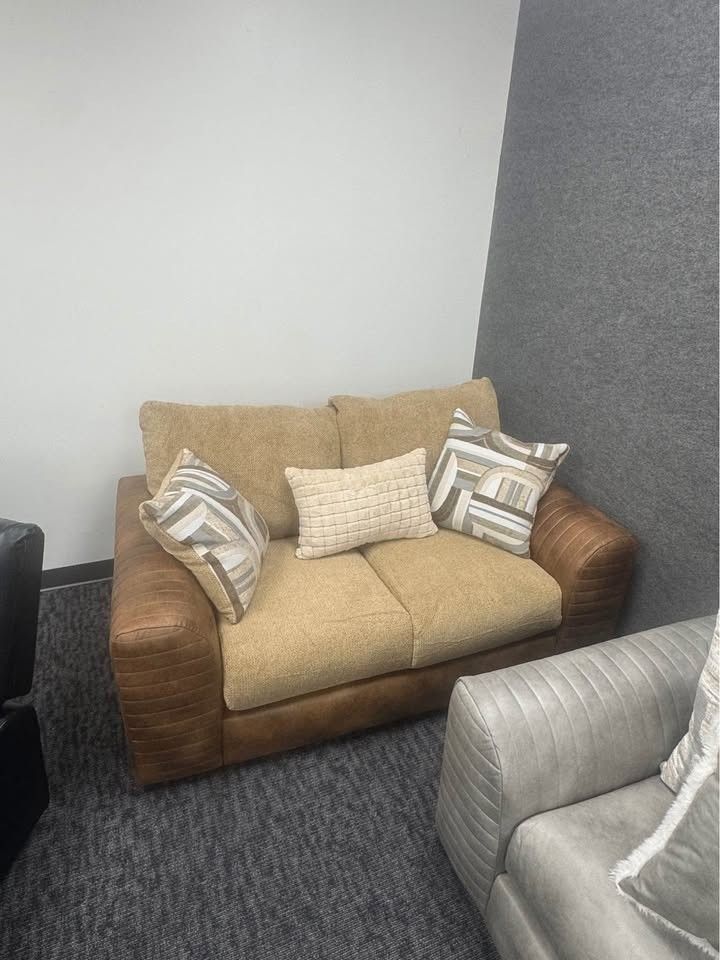 OVERSIZED SOFA & LOVESEAT – BROWN LEATHERETTE W/ CREAM LINEN SEATS