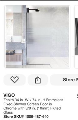 Vigo Zenith 34wx74in H frameless fixed shower screen door Crome