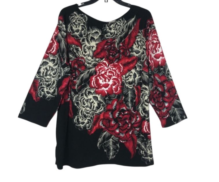 JM Collection Printed Red & White Roses Floral Blouse Size 2X