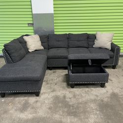 ✨ Large Black Sectional Couch With Storage Ottoman - Living Room Furniture Sofa