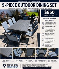Fortunoff Backyard Outdoor Patio Table with 8 New HD Chairs - Dark brown table & Blue/Grey chairs
