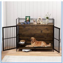 Dog Cage Furniture with Rotating Feeder Bowls, Dog Kennel Indoor with Cushion, Dog Crates for Large Dogs, 48" L X 30" W 43" H, Rustic Brown