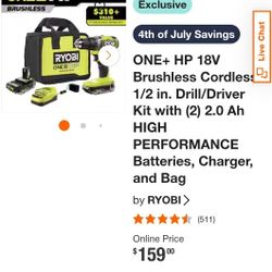 Ryobi Brushless 18v  1/2 Drill