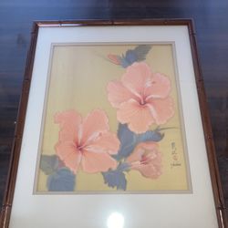 Vintage, Pink Hibiscus Flower Oil Painting.