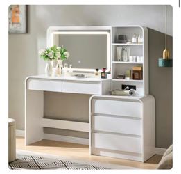 #P5 DecorUHome Modern Makeup Vanity Table with 35.4-in LED Mirror Charging Station and Adjustable Shelves
