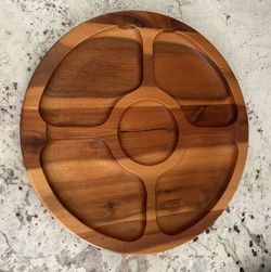 12" Elegant Ceramic & Wood Divided Serving Tray / Nut Dish with Center Lidded Jar