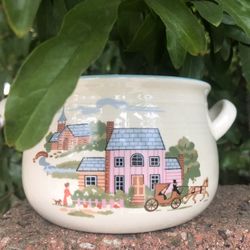 Vintage Set of 4 Ceramic Soup Bowl Dual Handles Made China Town Scene Carriage 