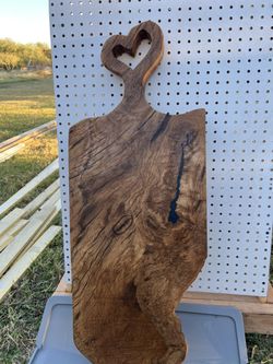 Handmade Oak Burl Charcuterie / Cutting Board – Heart Handle – Blue Epoxy – One of a Kind