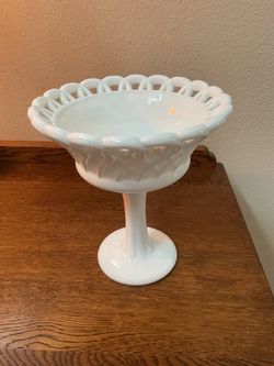 Milk Glass Pedestal Compote with Lace Edge - 7” high