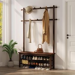 Coat Rack with Shoe Storage, Wooden Hall Tree with Bench, 11 Hooks and 2-Tier Storage Shelves, Entryway Bench with Coat Rack (39.3" - Deep Walnut)